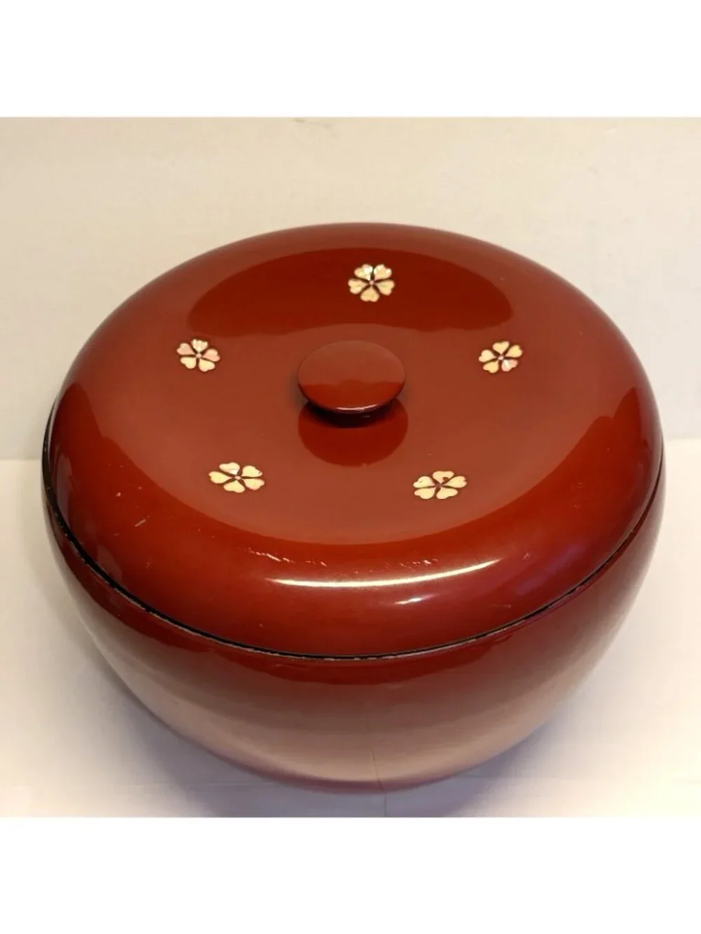 Japanese Wood Red Lacquer Ohitsu Rice Serving Bowl Mother of Pearl Inlay